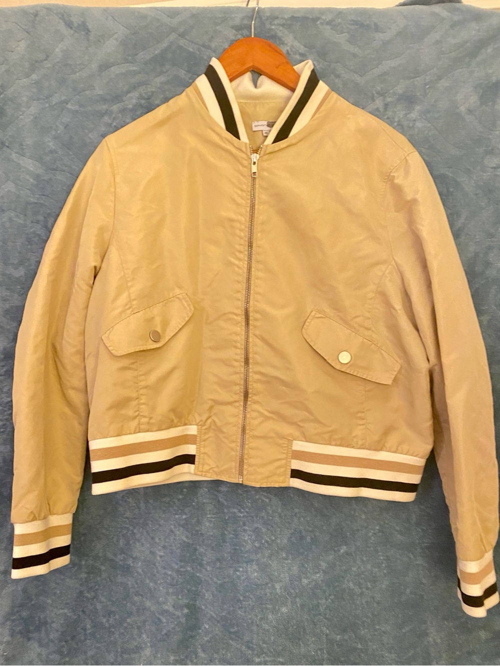 Beige Striped-Trim Bomber Jacket for Women